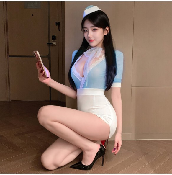 FEE ET MOI - Sweet Airways Deep V Bodycon Stewardess Outfit (Blue - White)